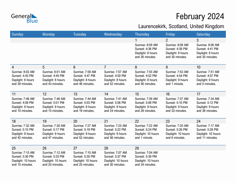 Laurencekirk February 2024 sunrise and sunset calendar in PDF, Excel, and Word