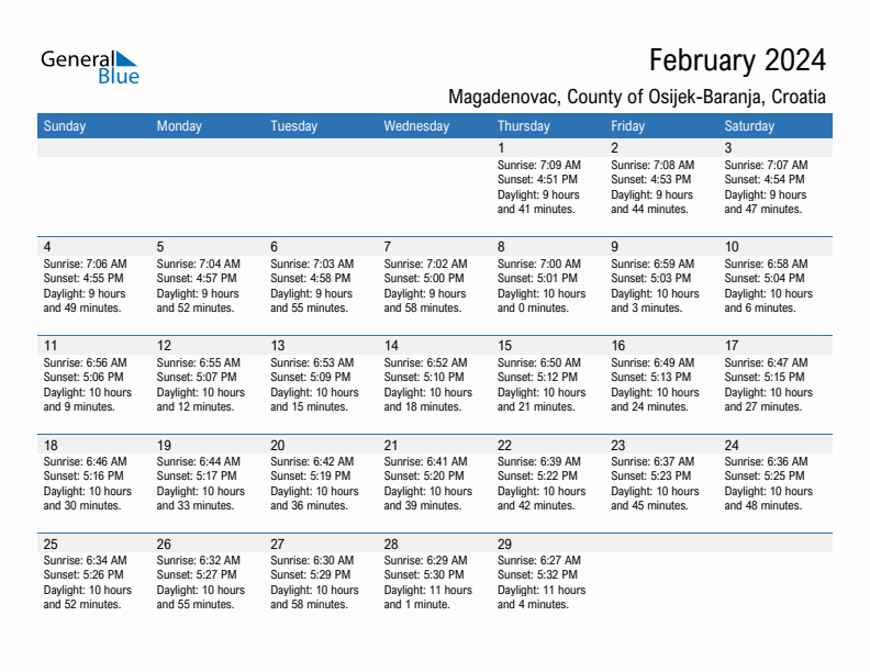 Magadenovac February 2024 sunrise and sunset calendar in PDF, Excel, and Word