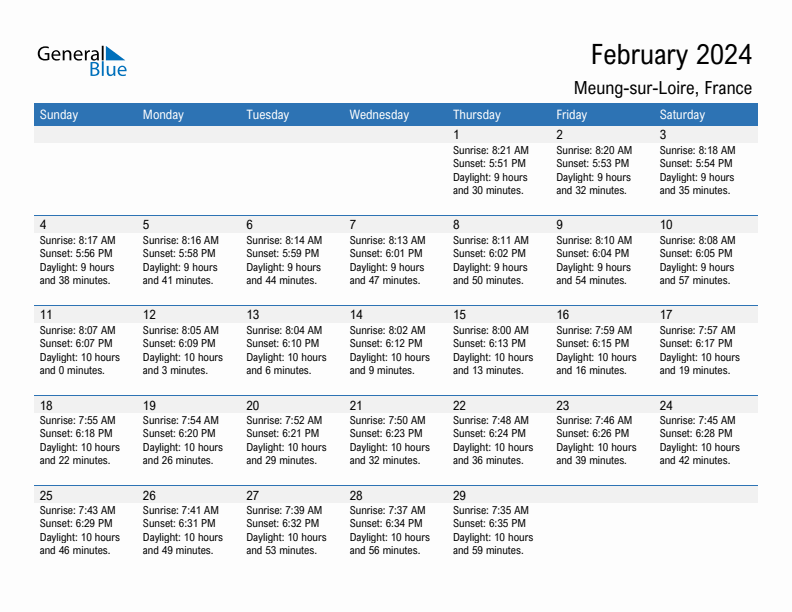Meung-sur-Loire February 2024 sunrise and sunset calendar in PDF, Excel, and Word
