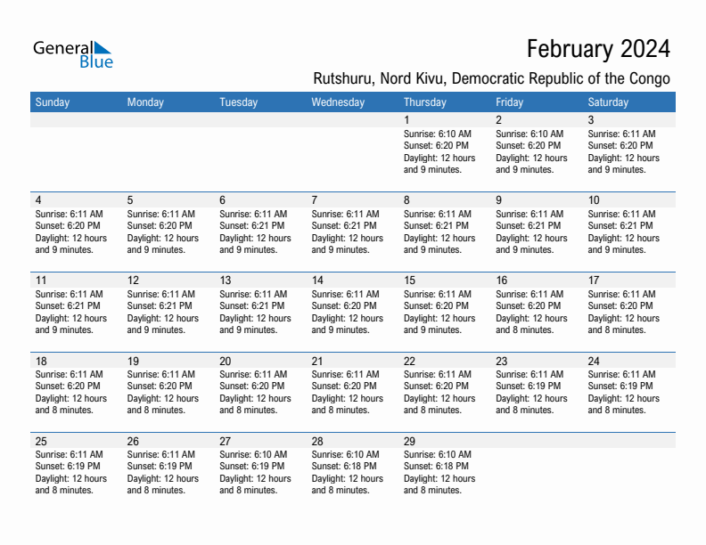 Rutshuru February 2024 sunrise and sunset calendar in PDF, Excel, and Word