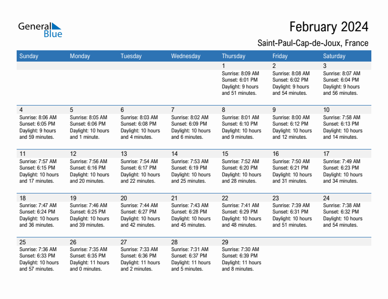 Saint-Paul-Cap-de-Joux February 2024 sunrise and sunset calendar in PDF, Excel, and Word