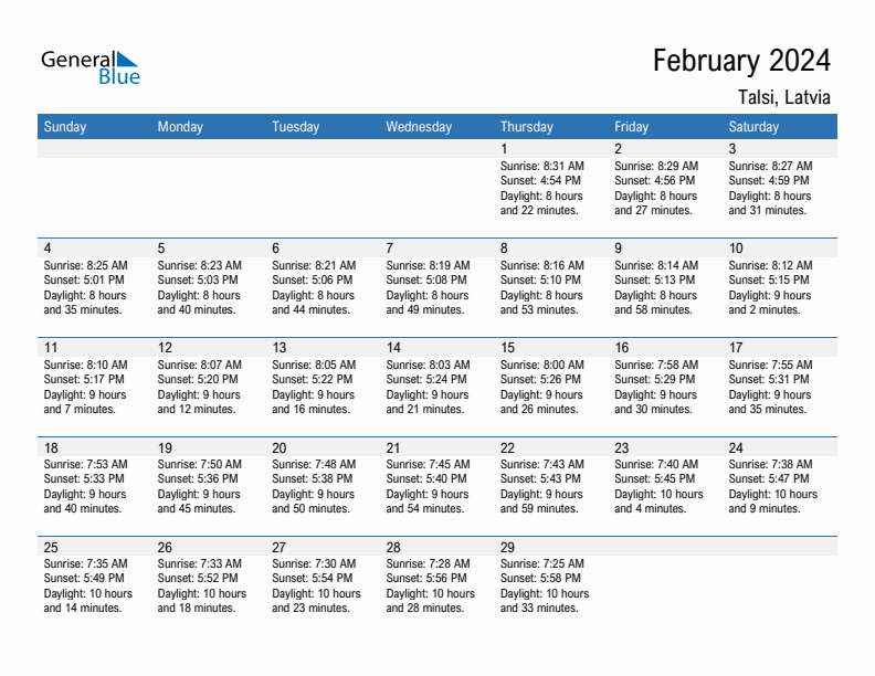 Talsi February 2024 sunrise and sunset calendar in PDF, Excel, and Word