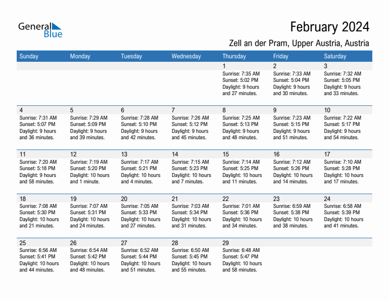 Zell an der Pram February 2024 sunrise and sunset calendar in PDF, Excel, and Word