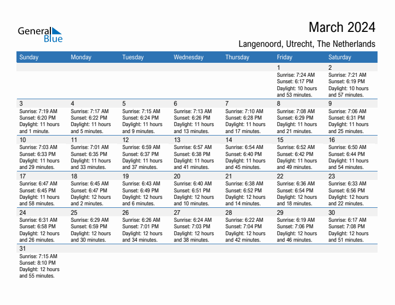 Langenoord March 2024 sunrise and sunset calendar in PDF, Excel, and Word