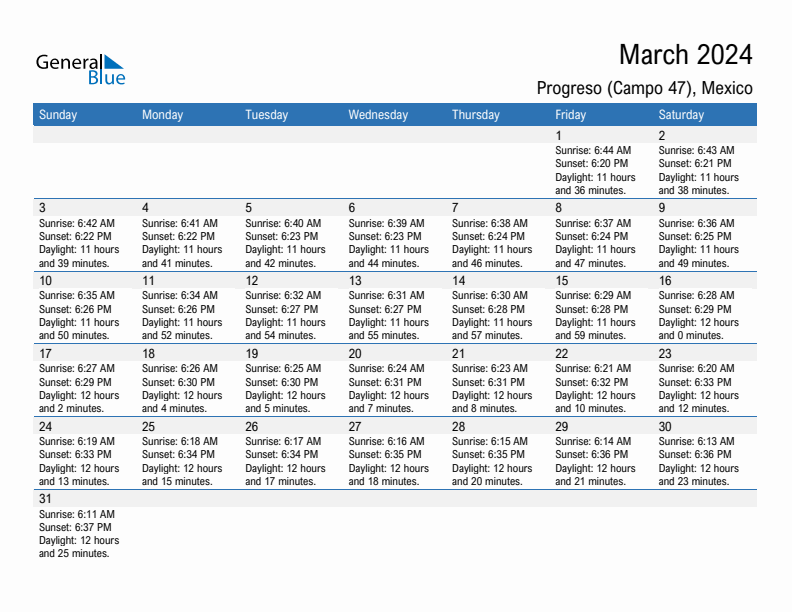 Progreso (Campo 47) March 2024 sunrise and sunset calendar in PDF, Excel, and Word