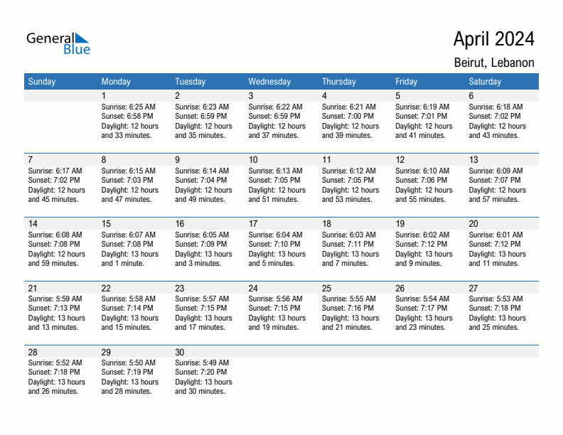 Beirut April 2024 sunrise and sunset calendar in PDF, Excel, and Word