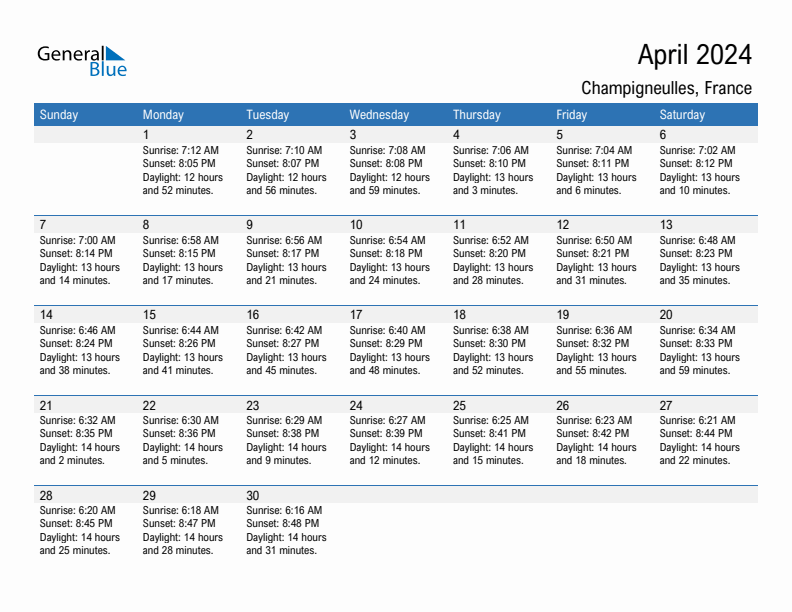 Champigneulles April 2024 sunrise and sunset calendar in PDF, Excel, and Word