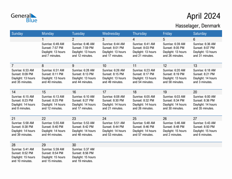 Hasselager April 2024 sunrise and sunset calendar in PDF, Excel, and Word