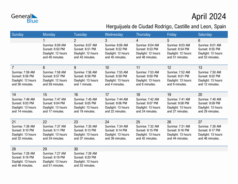 Herguijuela de Ciudad Rodrigo April 2024 sunrise and sunset calendar in PDF, Excel, and Word