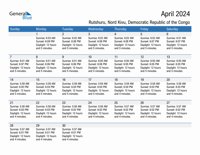 Rutshuru April 2024 sunrise and sunset calendar in PDF, Excel, and Word