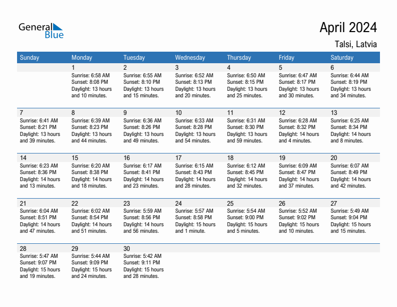 Talsi April 2024 sunrise and sunset calendar in PDF, Excel, and Word