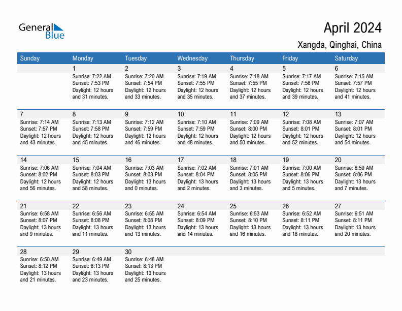 Xangda April 2024 sunrise and sunset calendar in PDF, Excel, and Word