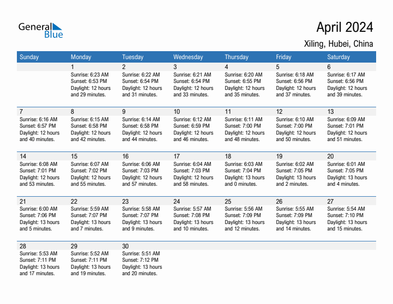 Xiling April 2024 sunrise and sunset calendar in PDF, Excel, and Word