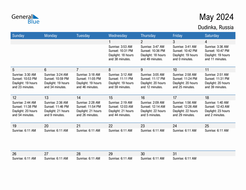 Dudinka May 2024 sunrise and sunset calendar in PDF, Excel, and Word