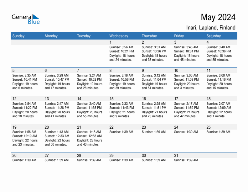 Inari May 2024 sunrise and sunset calendar in PDF, Excel, and Word
