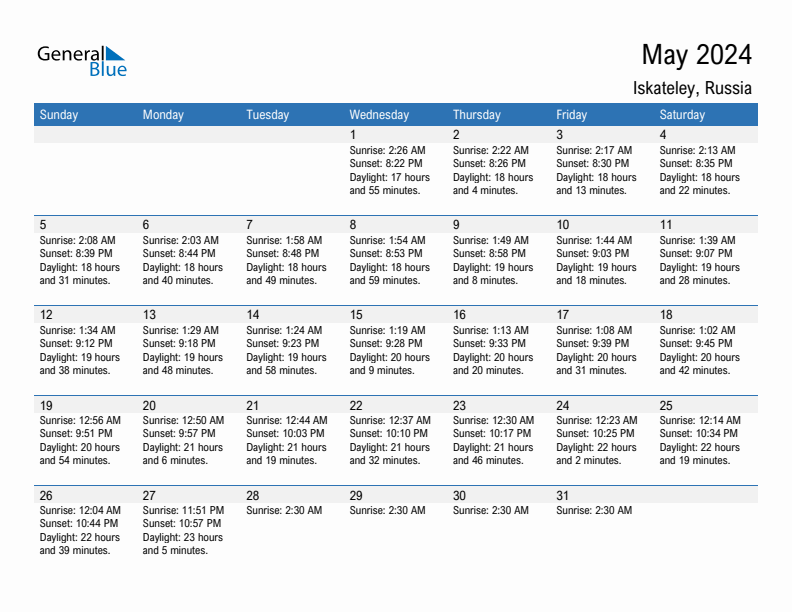 Iskateley May 2024 sunrise and sunset calendar in PDF, Excel, and Word