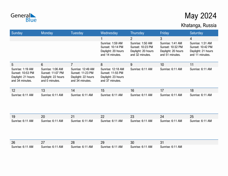 Khatanga May 2024 sunrise and sunset calendar in PDF, Excel, and Word