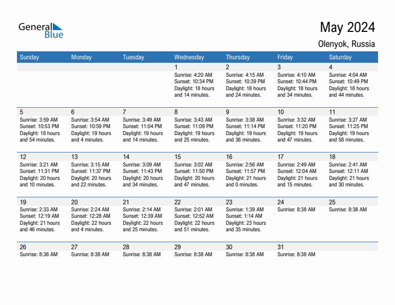 Olenyok May 2024 sunrise and sunset calendar in PDF, Excel, and Word
