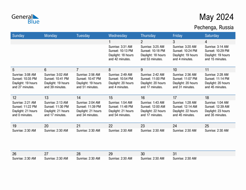 Pechenga May 2024 sunrise and sunset calendar in PDF, Excel, and Word