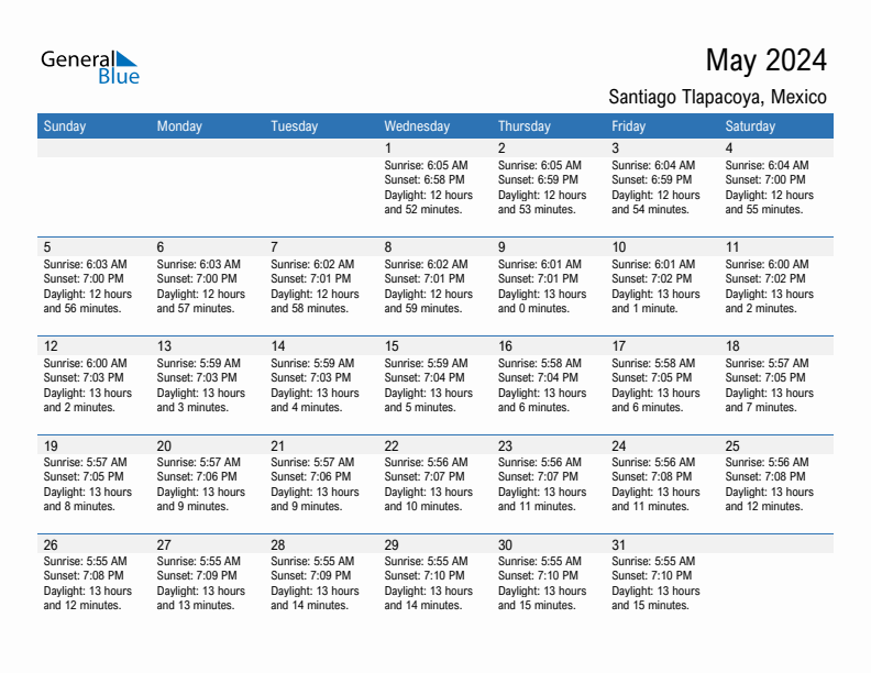 Santiago Tlapacoya May 2024 sunrise and sunset calendar in PDF, Excel, and Word