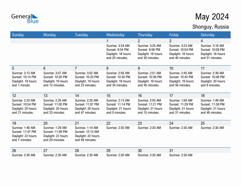 Shonguy May 2024 sunrise and sunset calendar in PDF, Excel, and Word