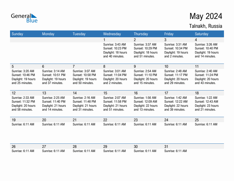 Talnakh May 2024 sunrise and sunset calendar in PDF, Excel, and Word