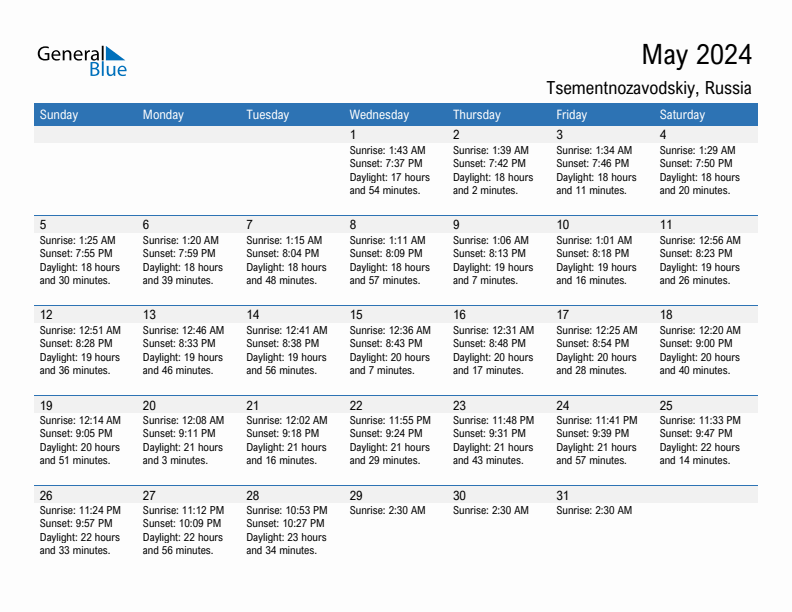 Tsementnozavodskiy May 2024 sunrise and sunset calendar in PDF, Excel, and Word