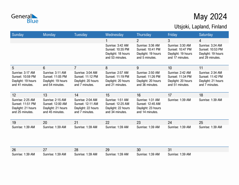 Utsjoki May 2024 sunrise and sunset calendar in PDF, Excel, and Word