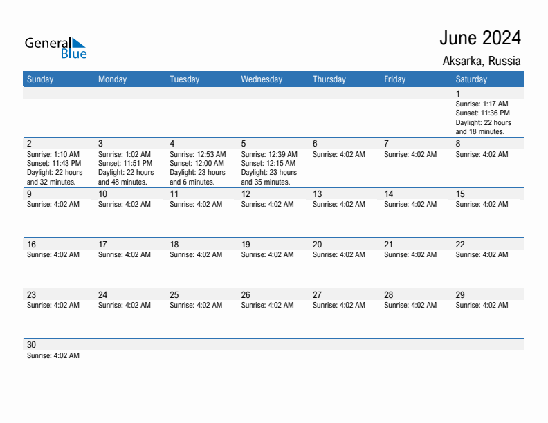Aksarka June 2024 sunrise and sunset calendar in PDF, Excel, and Word