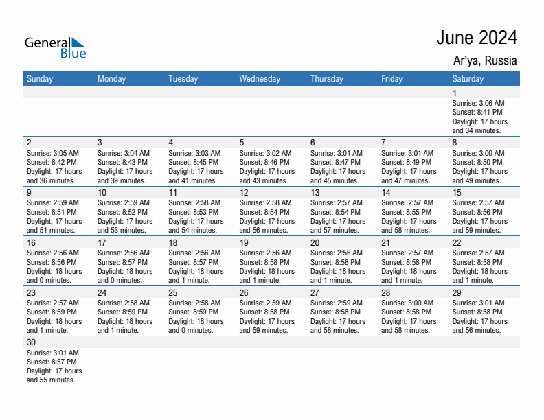 Ar'ya June 2024 sunrise and sunset calendar in PDF, Excel, and Word