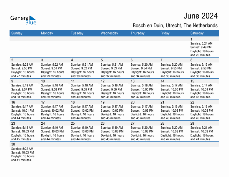 Bosch en Duin June 2024 sunrise and sunset calendar in PDF, Excel, and Word