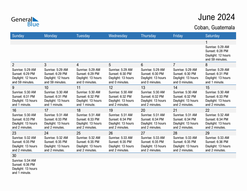 Coban June 2024 sunrise and sunset calendar in PDF, Excel, and Word