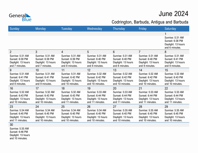 Codrington June 2024 sunrise and sunset calendar in PDF, Excel, and Word