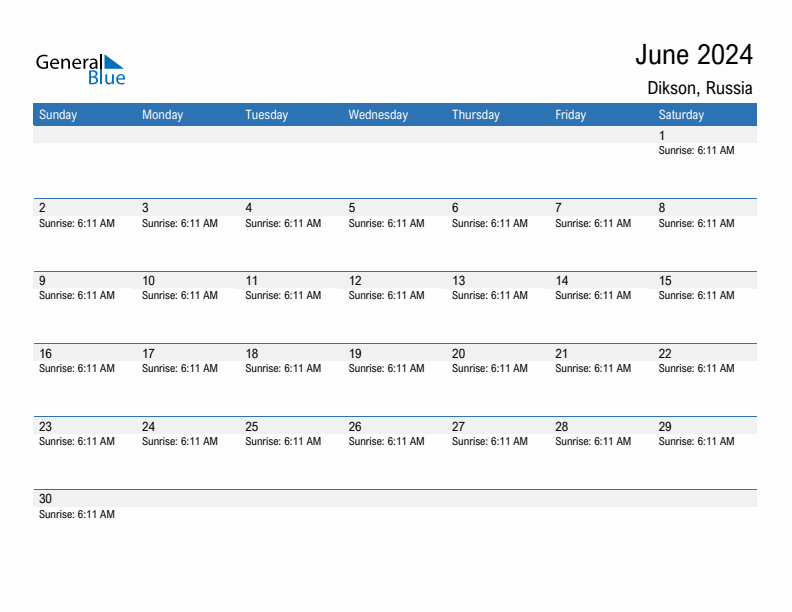 Dikson June 2024 sunrise and sunset calendar in PDF, Excel, and Word
