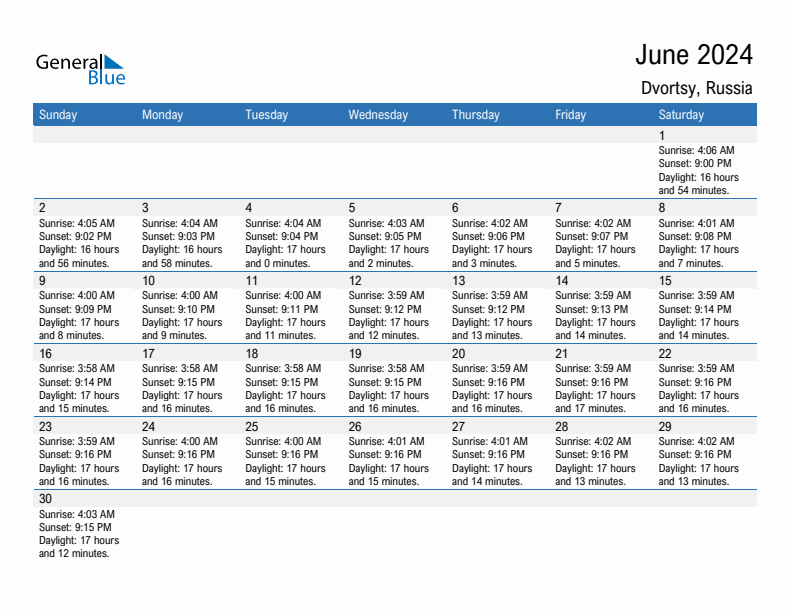 Dvortsy June 2024 sunrise and sunset calendar in PDF, Excel, and Word