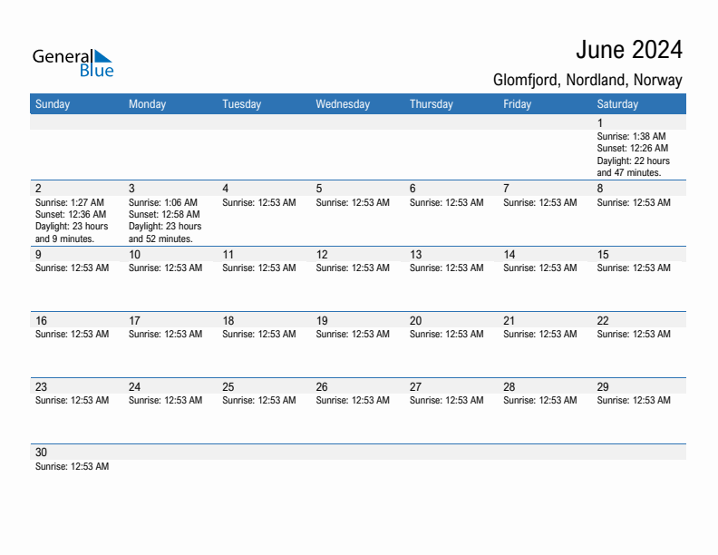 Glomfjord June 2024 sunrise and sunset calendar in PDF, Excel, and Word
