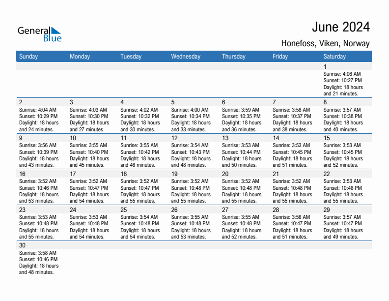 Honefoss June 2024 sunrise and sunset calendar in PDF, Excel, and Word