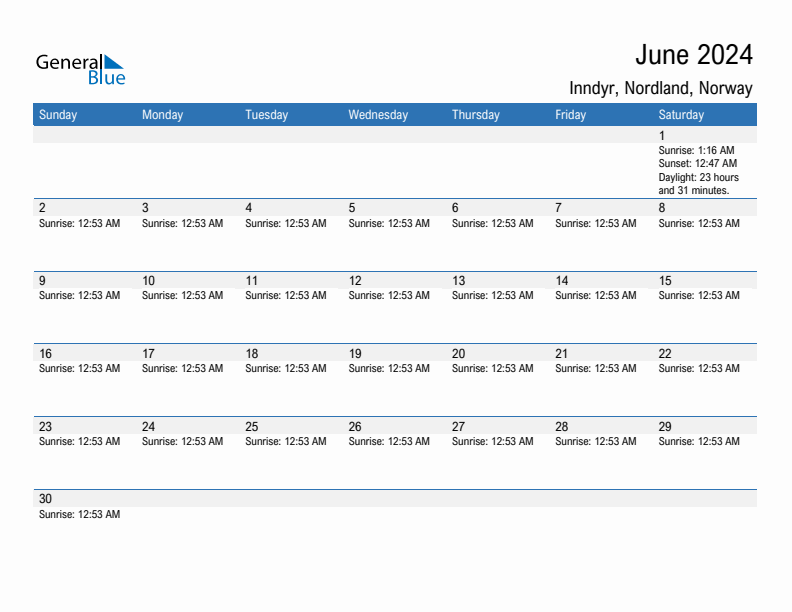 Inndyr June 2024 sunrise and sunset calendar in PDF, Excel, and Word
