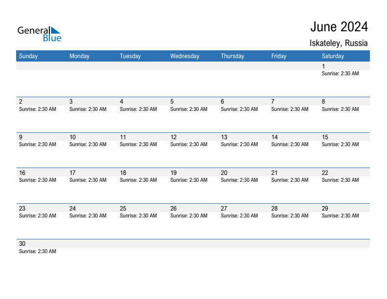 Iskateley June 2024 sunrise and sunset calendar in PDF, Excel, and Word