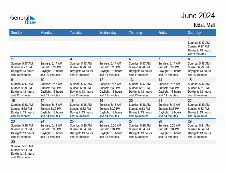 Kidal June 2024 sunrise and sunset calendar in PDF, Excel, and Word
