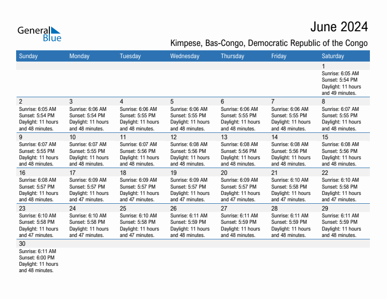 Kimpese June 2024 sunrise and sunset calendar in PDF, Excel, and Word