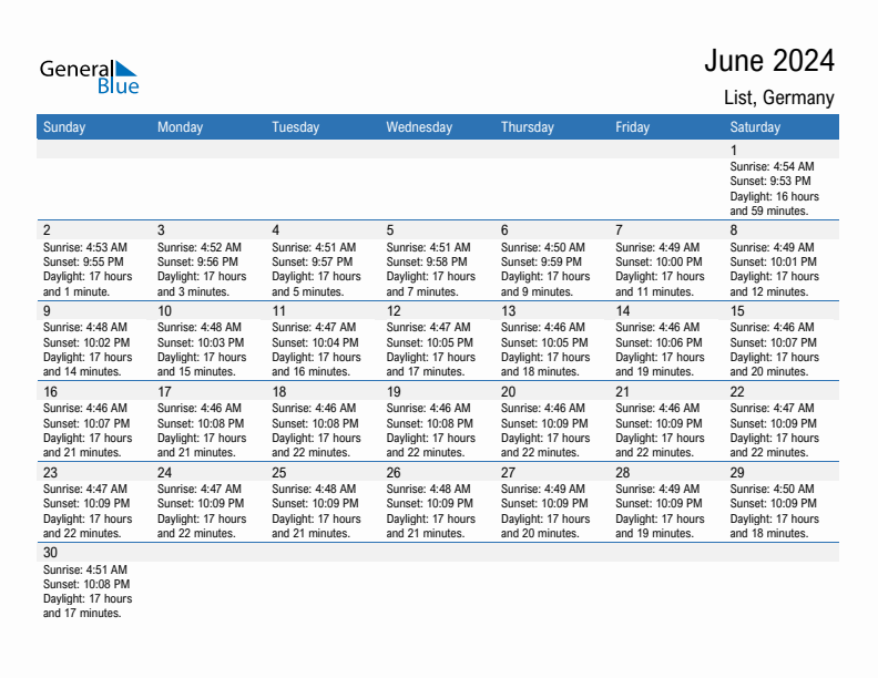 List June 2024 sunrise and sunset calendar in PDF, Excel, and Word