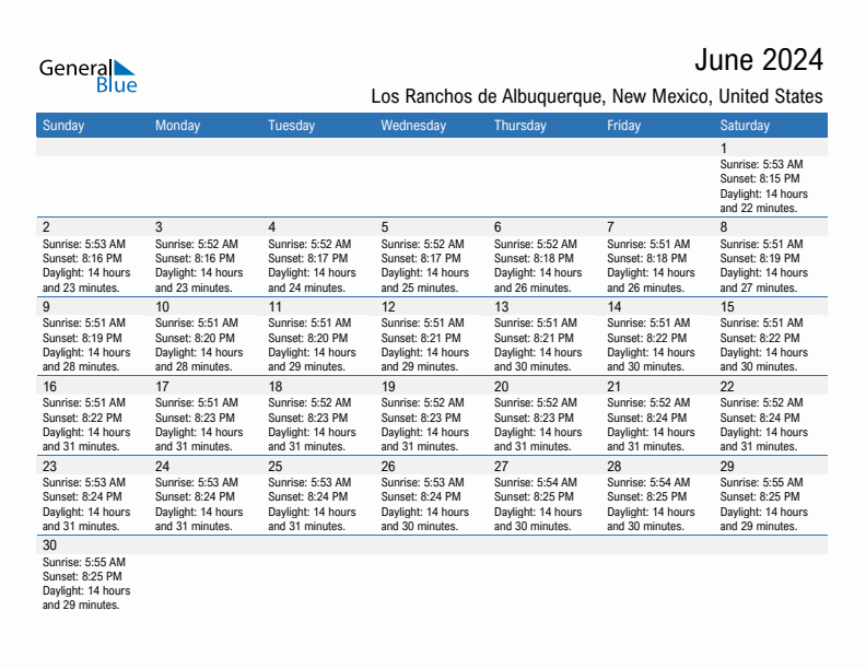 Los Ranchos de Albuquerque June 2024 sunrise and sunset calendar in PDF, Excel, and Word
