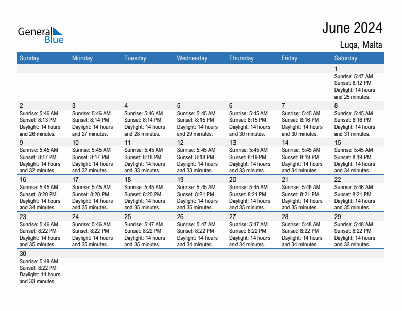 Luqa June 2024 sunrise and sunset calendar in PDF, Excel, and Word