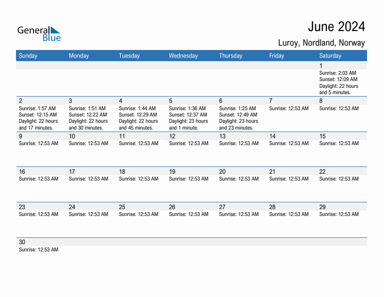 Luroy June 2024 sunrise and sunset calendar in PDF, Excel, and Word