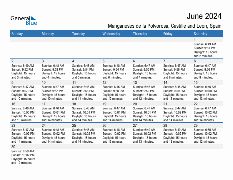 Manganeses de la Polvorosa June 2024 sunrise and sunset calendar in PDF, Excel, and Word