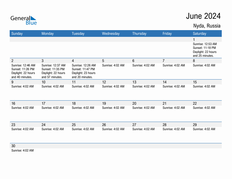 Nyda June 2024 sunrise and sunset calendar in PDF, Excel, and Word