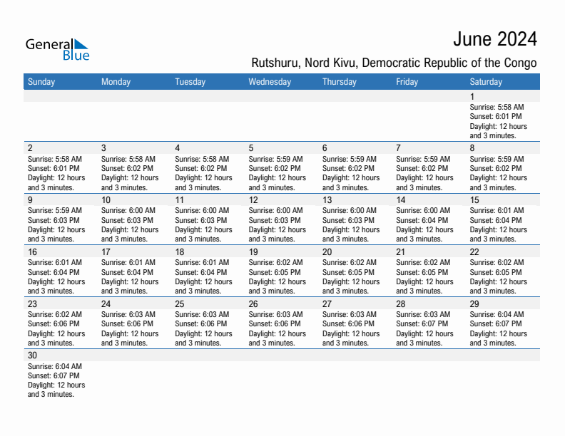Rutshuru June 2024 sunrise and sunset calendar in PDF, Excel, and Word