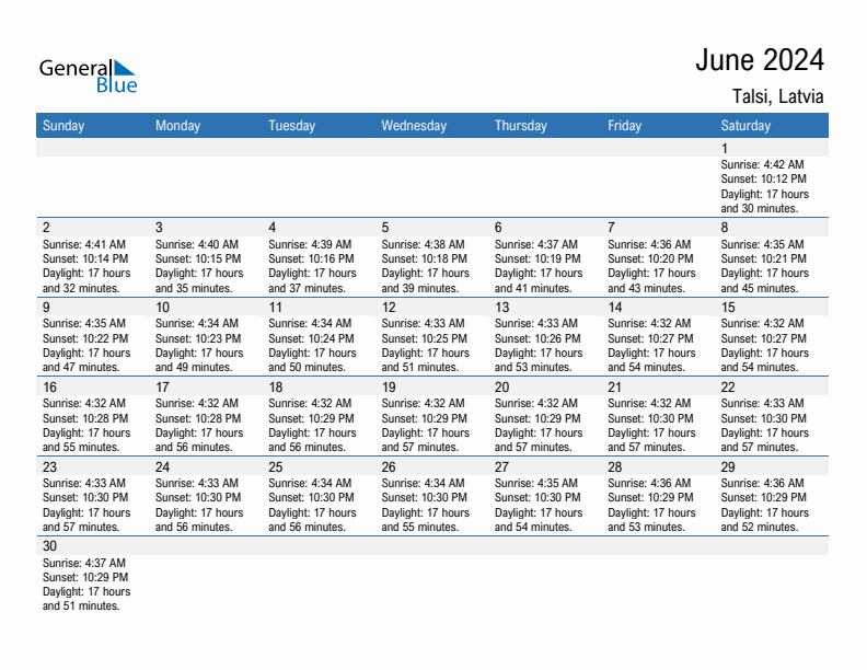 Talsi June 2024 sunrise and sunset calendar in PDF, Excel, and Word