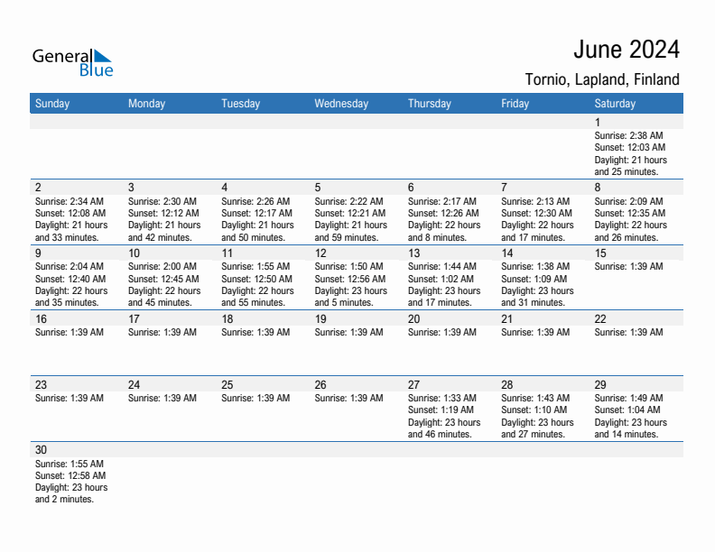Tornio June 2024 sunrise and sunset calendar in PDF, Excel, and Word